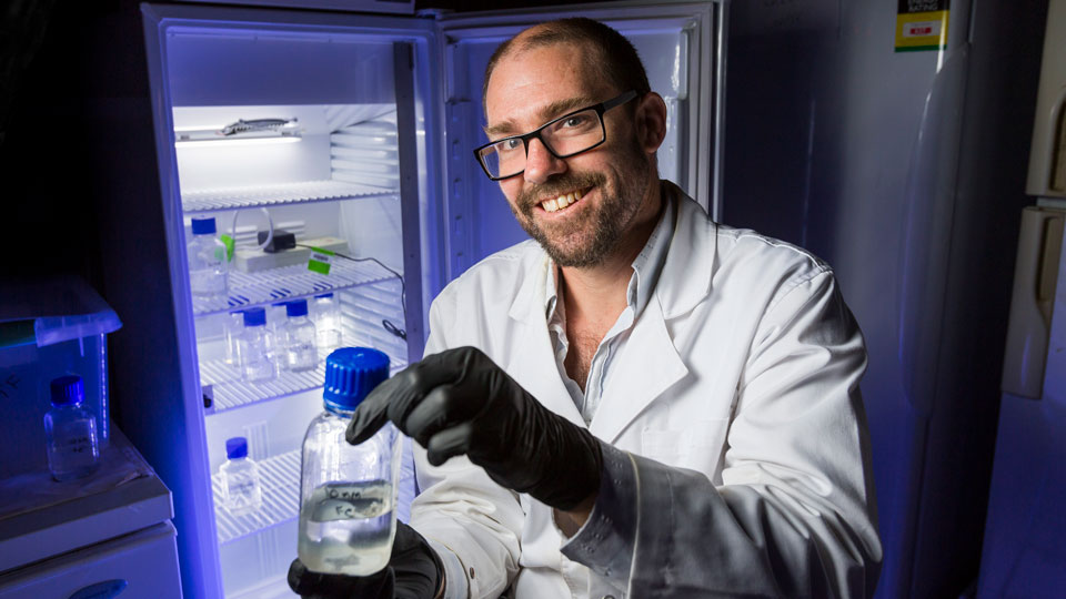 Professor Andrew Rose is smiling holding a specimen in lab