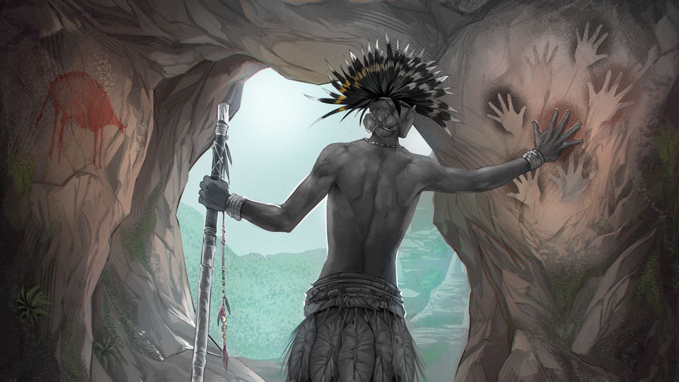 Artist impression of indigenous man in cave